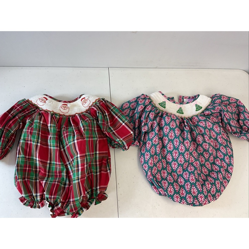 Lot of 2 Poppy Kids Co Holiday Bubble One Piece Smocked Christmas Sz 9M Adorable